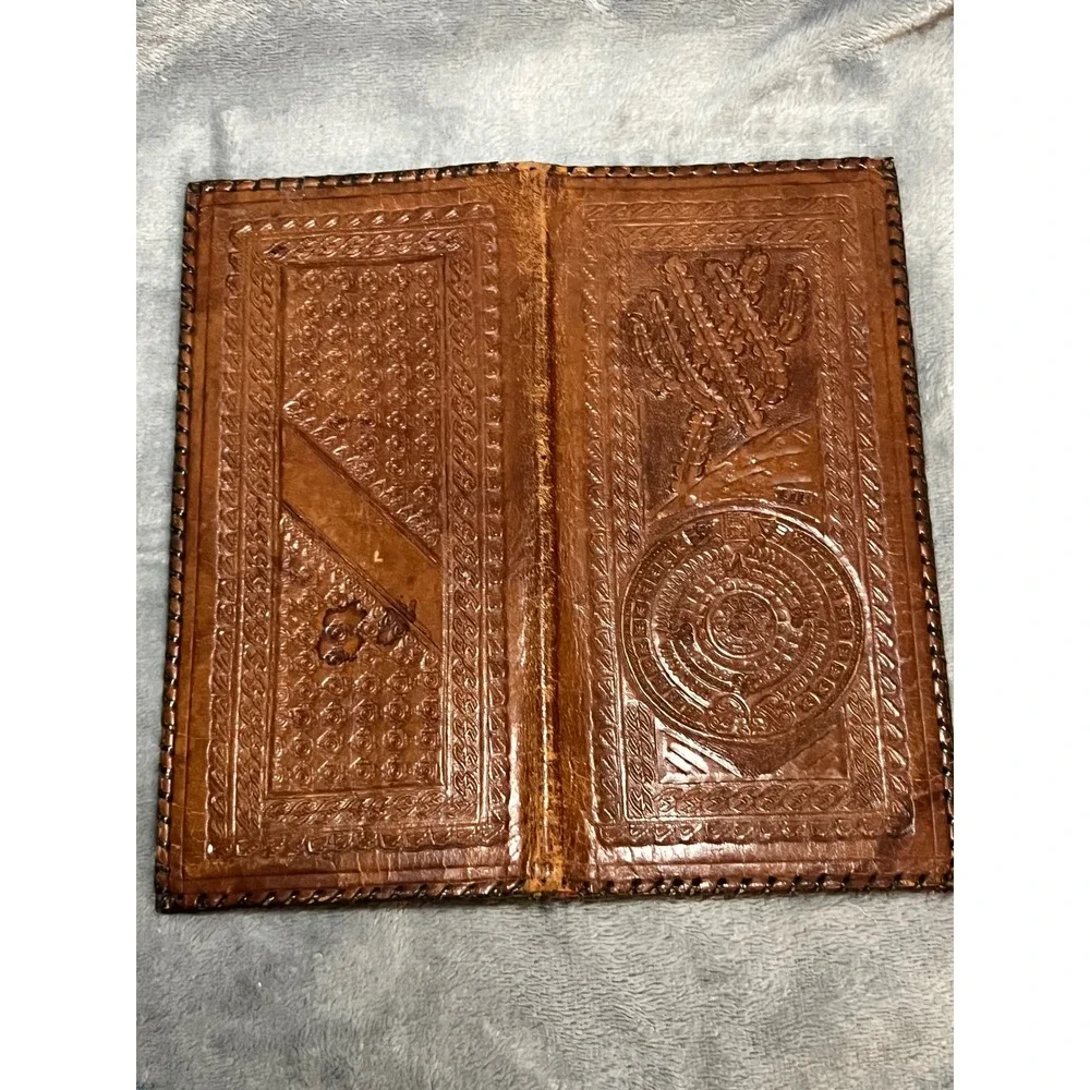 Vintage Tooled Leather Checkbook Wallet Southwest Cactus Aztec Design